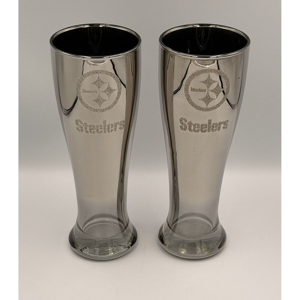 Pittsburgh Steelers Pilsner Beer Glasses Set of 2 Silver Mirror NFL 8” Tall